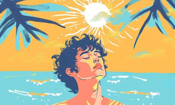 AI generated illustration of man at the beech and the sun well out