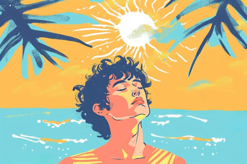 AI generated illustration of man at the beech and the sun well out