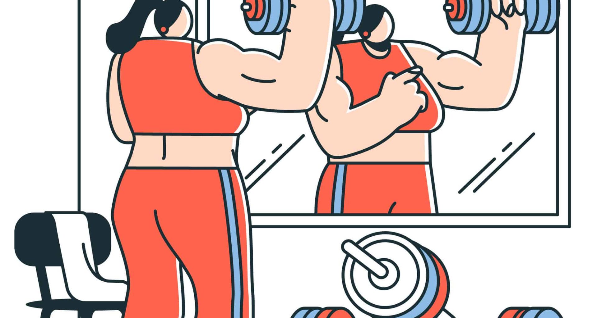 Illustration of a woman exercising in front of a gym mirror, representing a workout concept