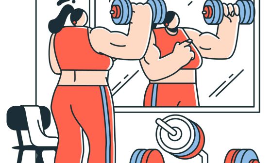 Illustration of a woman exercising in front of a gym mirror, representing a workout concept