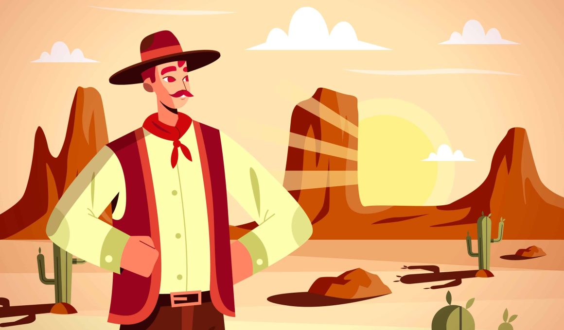 A flat design illustration of a gaucho cowboy, characterized by minimalist shapes and bold, solid colors