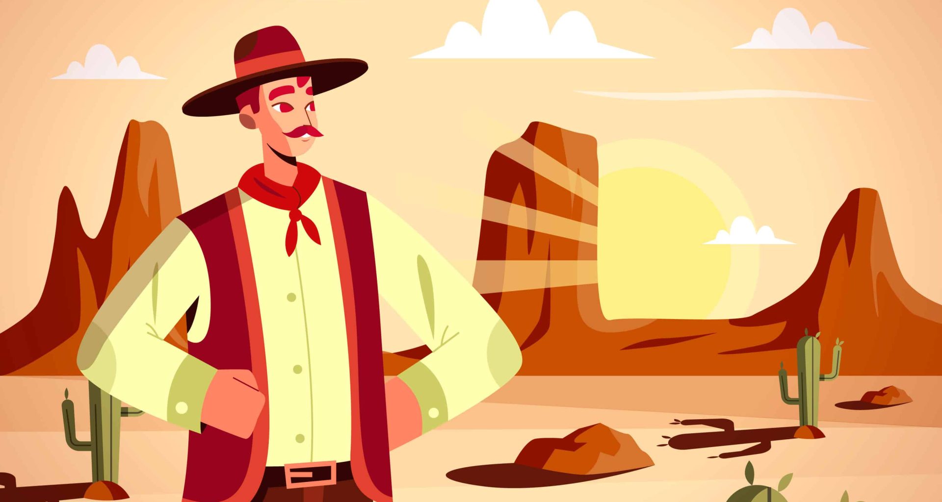 A flat design illustration of a gaucho cowboy, characterized by minimalist shapes and bold, solid colors