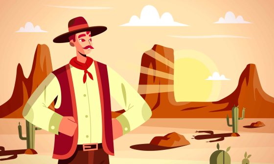 A flat design illustration of a gaucho cowboy, characterized by minimalist shapes and bold, solid colors