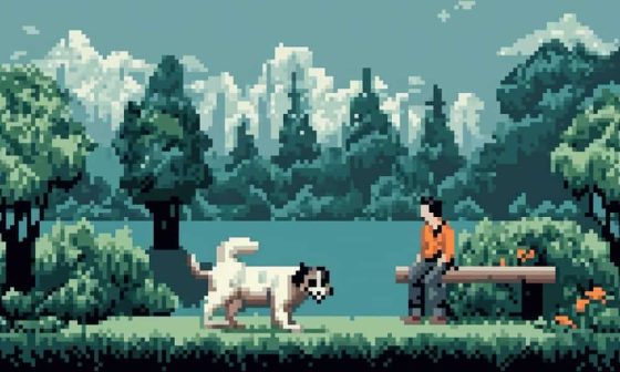 8-bit pixel art scene of a person walking a dog in a vibrant park, depicting minecraft