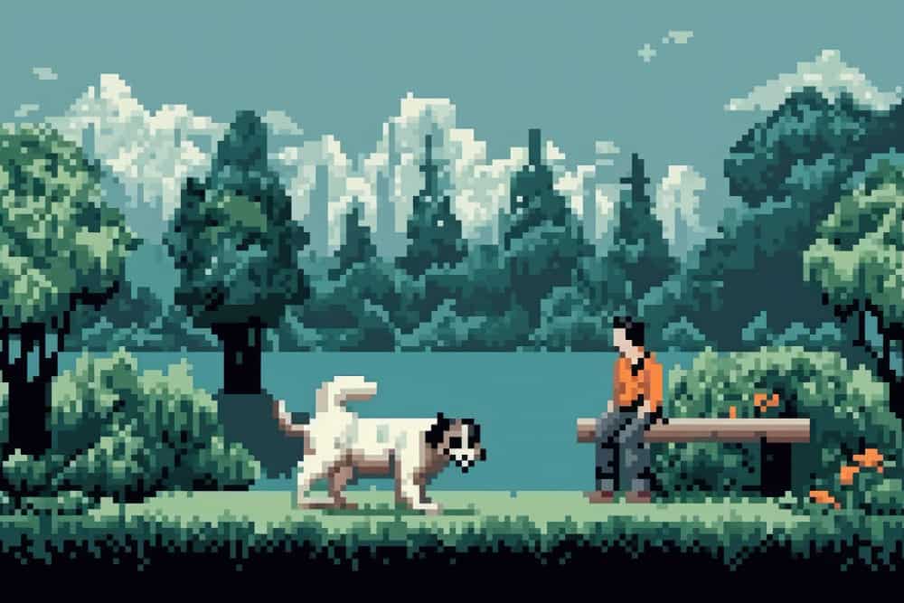 8-bit pixel art scene of a person walking a dog in a vibrant park, depicting minecraft