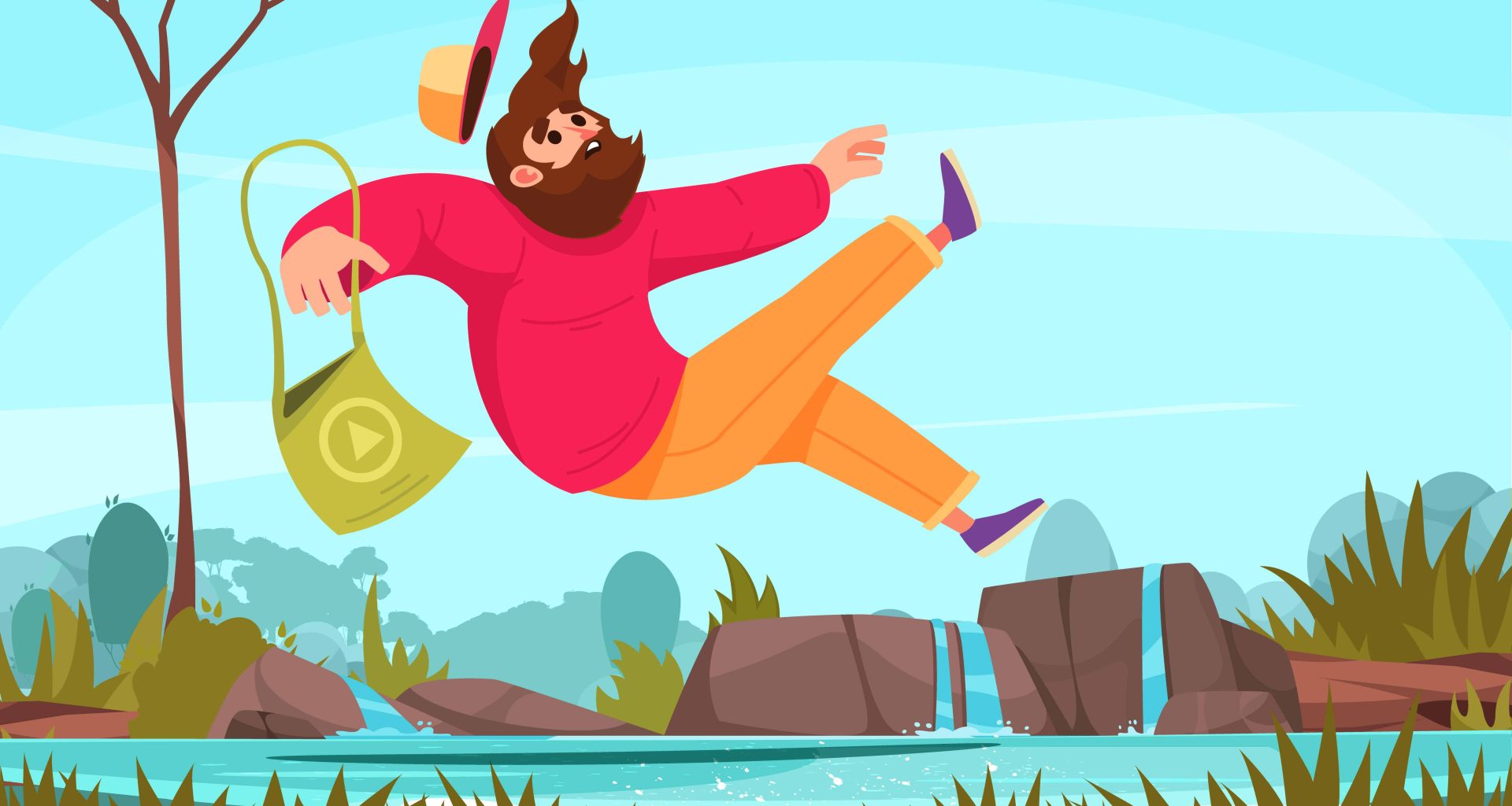 Concept of a person falling flat: a man tumbles into a body of water, losing his cap as he falls—vector illustration