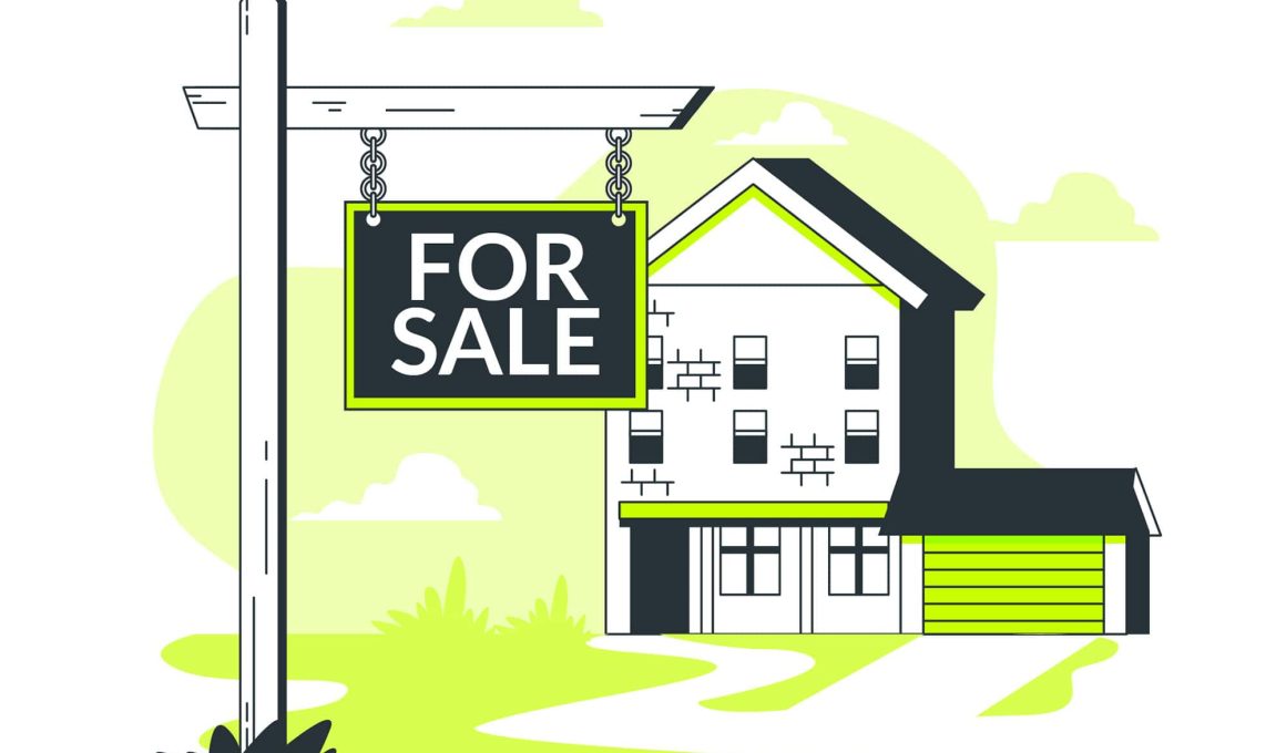 Illustration of a real estate concept featuring a modern house with a 'For Sale' sign, surrounded by greenery and an open sky