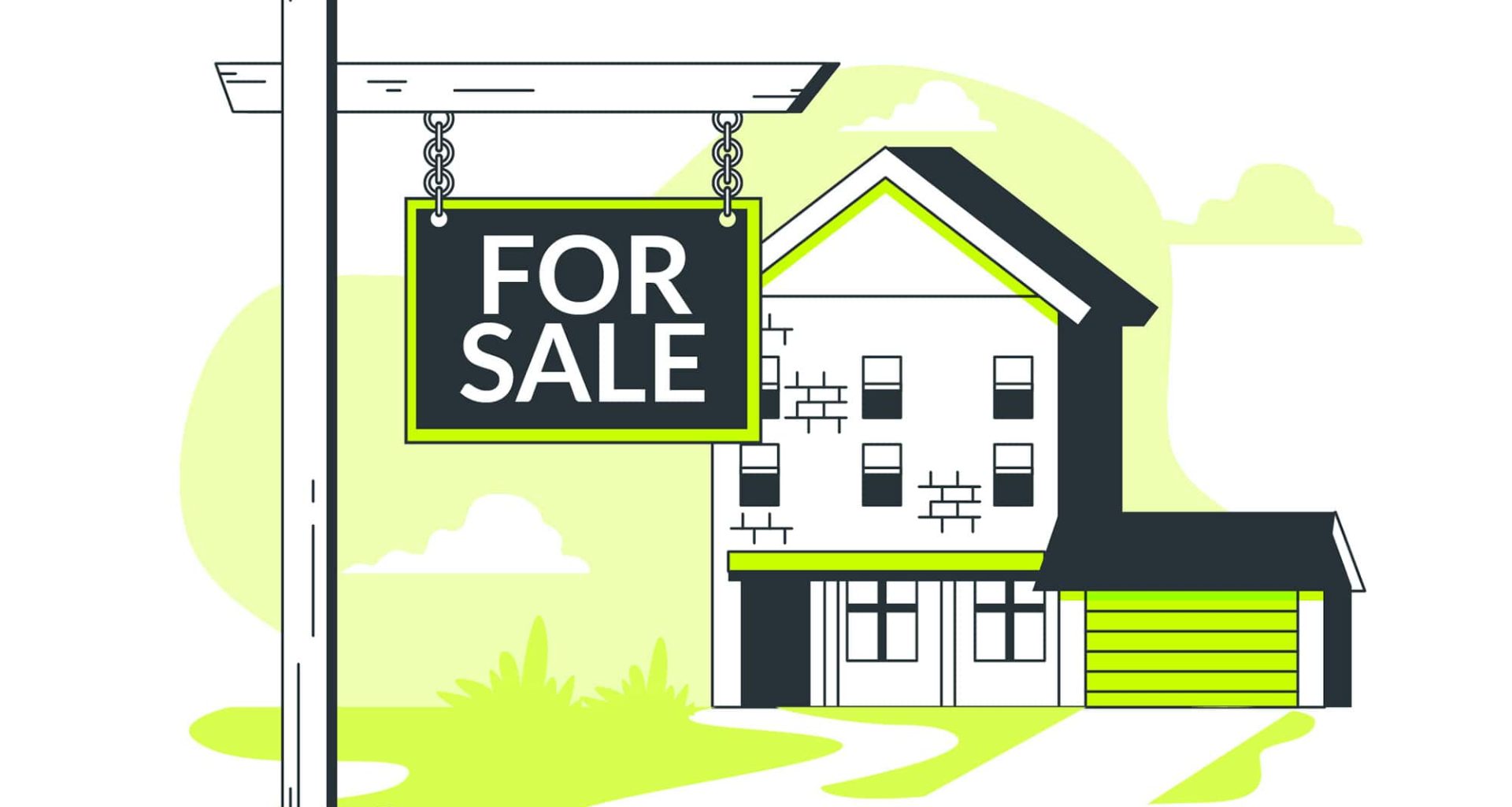 Illustration of a real estate concept featuring a modern house with a 'For Sale' sign, surrounded by greenery and an open sky