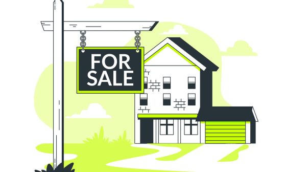 Illustration of a real estate concept featuring a modern house with a 'For Sale' sign, surrounded by greenery and an open sky