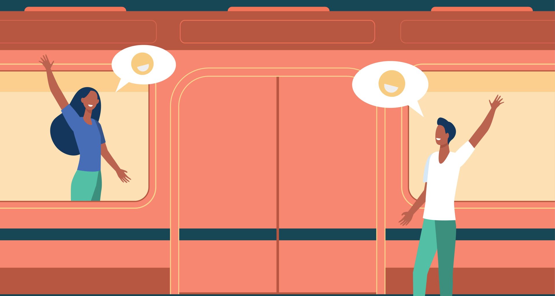 Flat vector illustration of a couple saying goodbye at a subway station, with a woman inside the train and a man on the platform