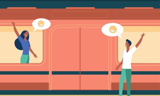 Flat vector illustration of a couple saying goodbye at a subway station, with a woman inside the train and a man on the platform