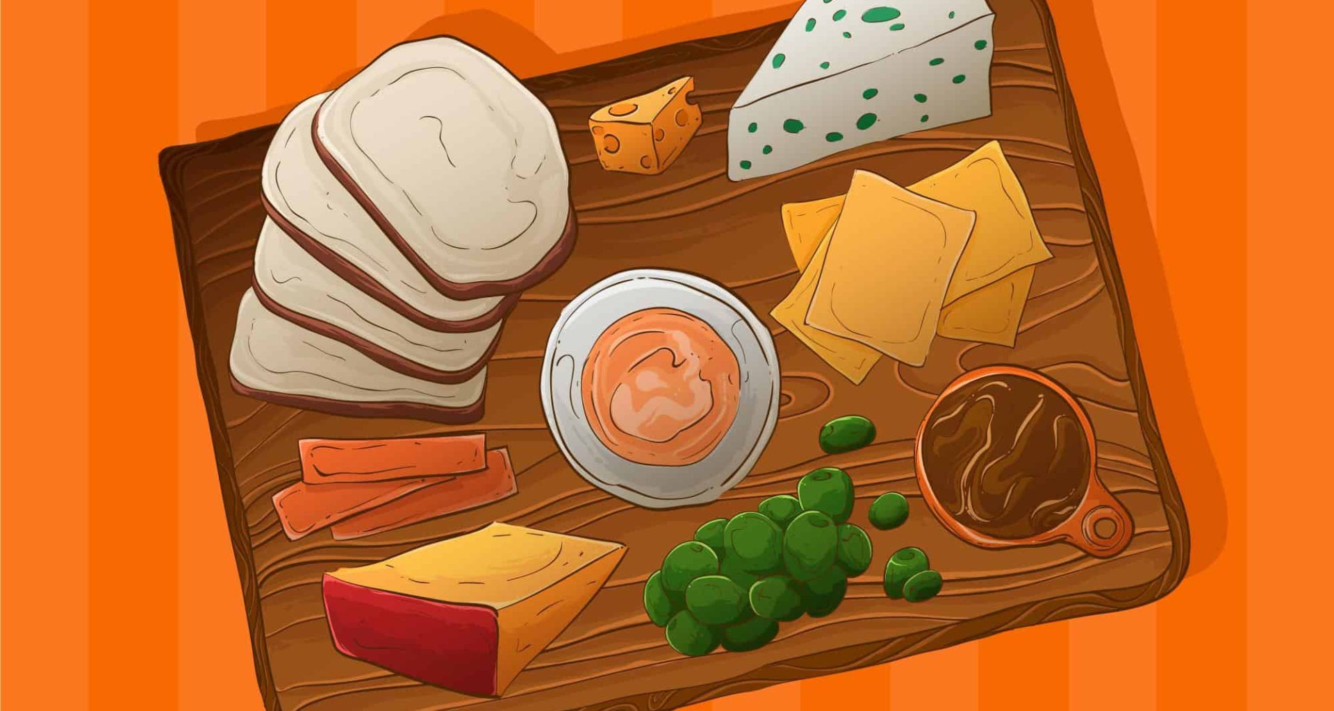 Hand-drawn image of a cheese platter, showcasing a selection of cheeses along with fruits and nuts