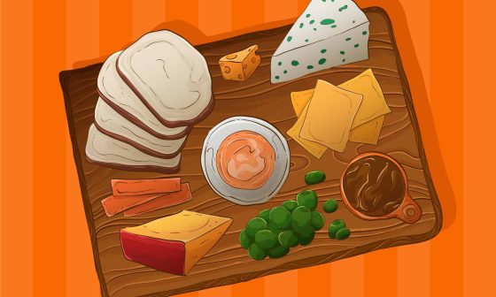 Hand-drawn image of a cheese platter, showcasing a selection of cheeses along with fruits and nuts