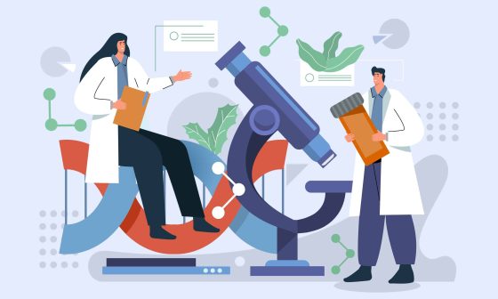 Flat design representation of biotechnology concepts with genetic research and lab equipment performed by two lovers