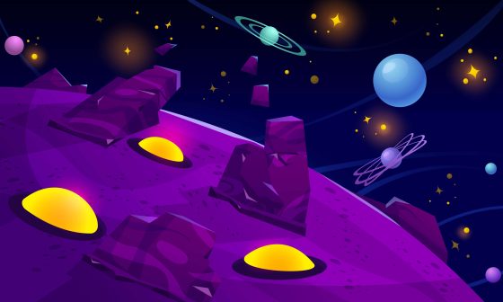 Game UI background with an alien planet surface, showcasing unique landscapes and colors