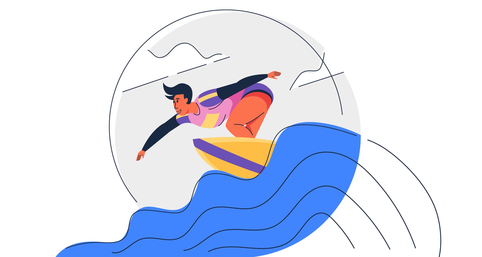 Vector illustration of a surfer girl skillfully riding a wave on her surfboard, showcasing her dynamic pose and enthusiasm.