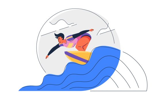 Vector illustration of a surfer girl skillfully riding a wave on her surfboard, showcasing her dynamic pose and enthusiasm.