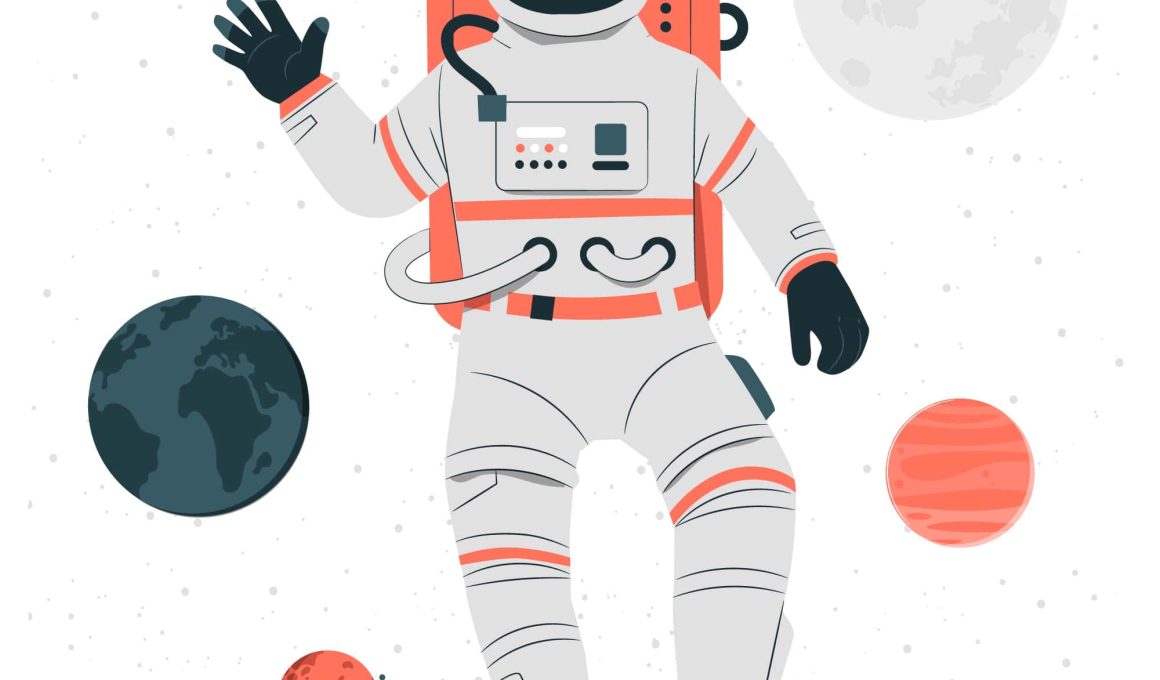 Detailed graphic of an astronaut suit, including components like the helmet, suit, and oxygen tanks