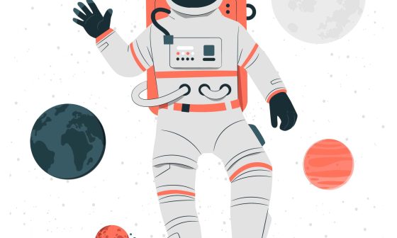 Detailed graphic of an astronaut suit, including components like the helmet, suit, and oxygen tanks