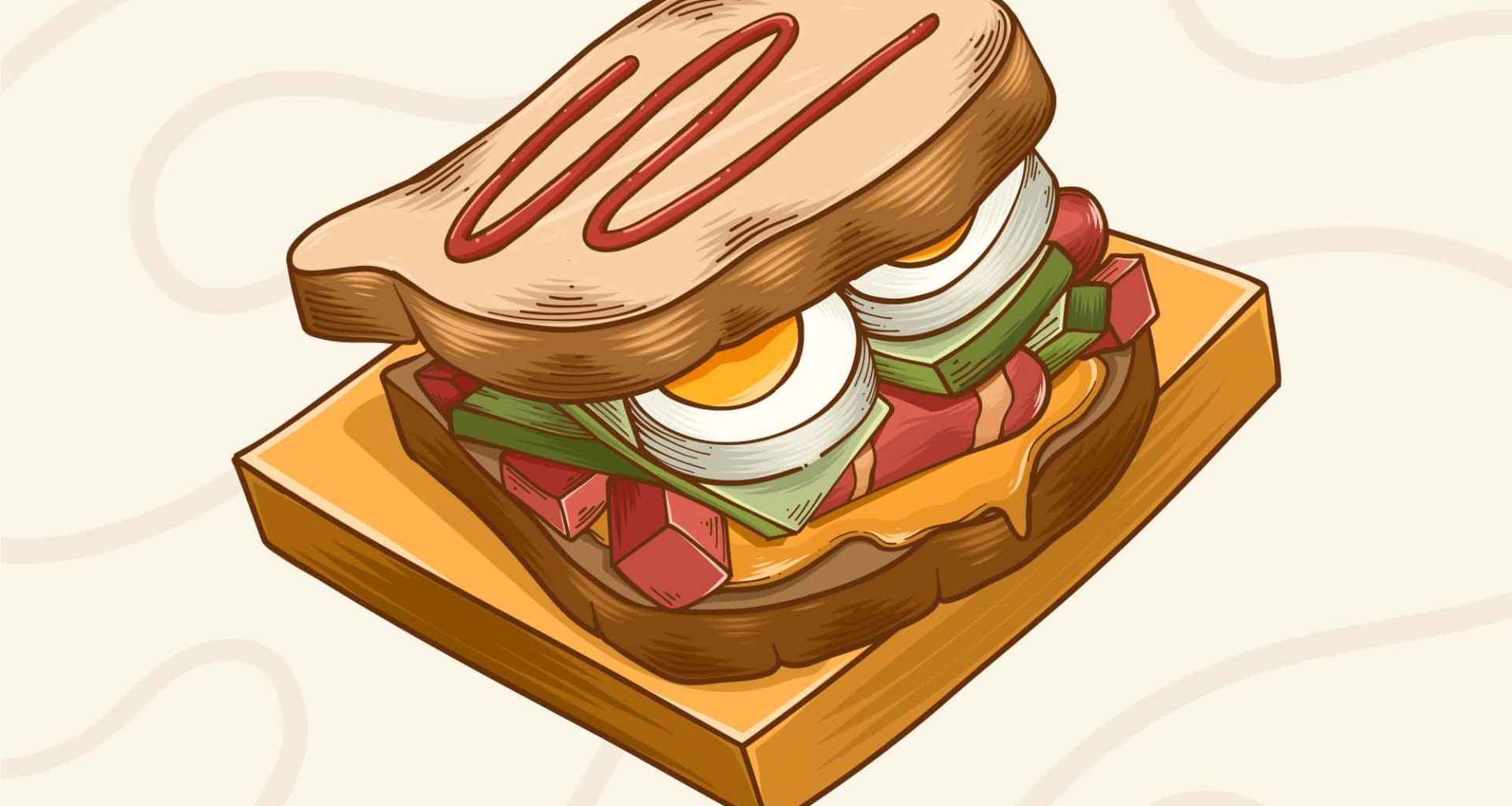 Artistic drawing of an American sandwich, with detailed depictions of fillings like lettuce, tomato, and cheese