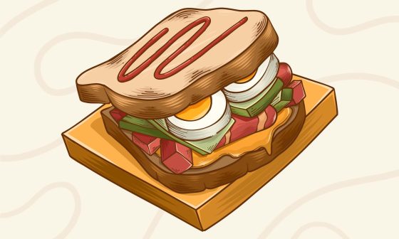 Artistic drawing of an American sandwich, with detailed depictions of fillings like lettuce, tomato, and cheese