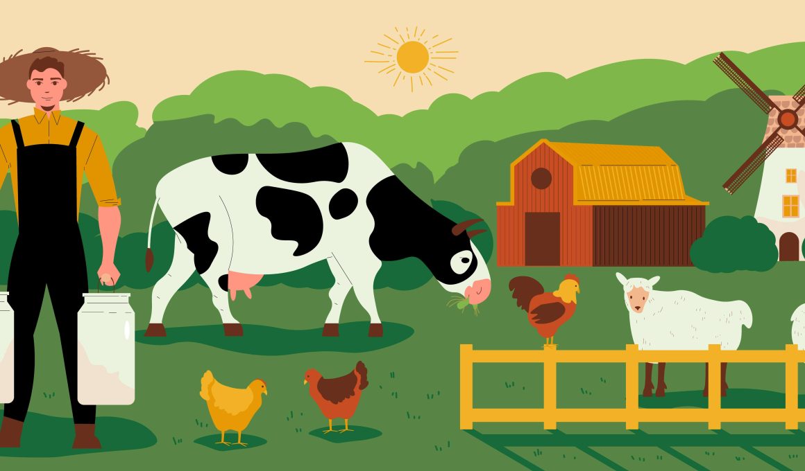 Illustration of a farm background with rolling fields, a barn, and cows