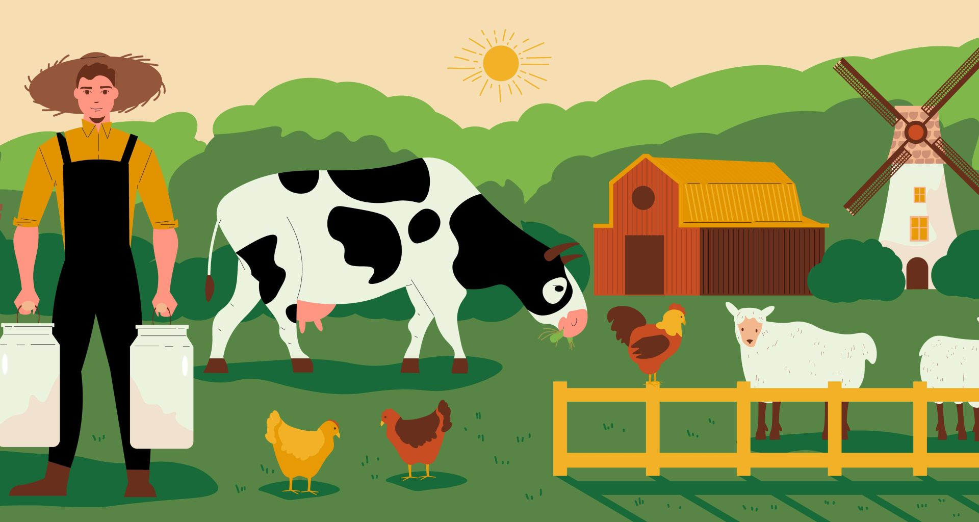 Illustration of a farm background with rolling fields, a barn, and cows