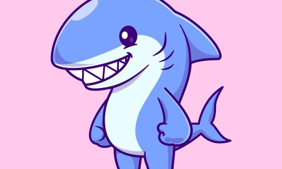 A cheerful cartoon shark with a wide smile, showcasing its friendly demeanor in a vibrant underwater setting.