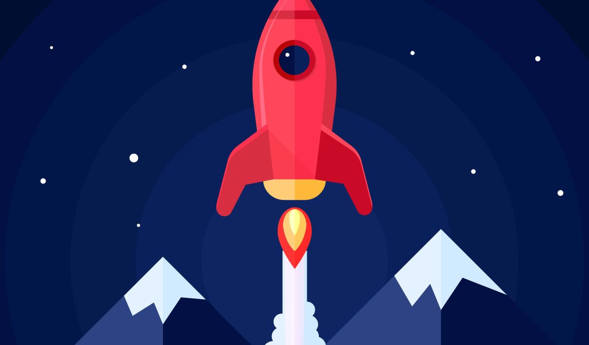 Illustration of a rocket taking off, set against a mountainous terrain with a starry sky