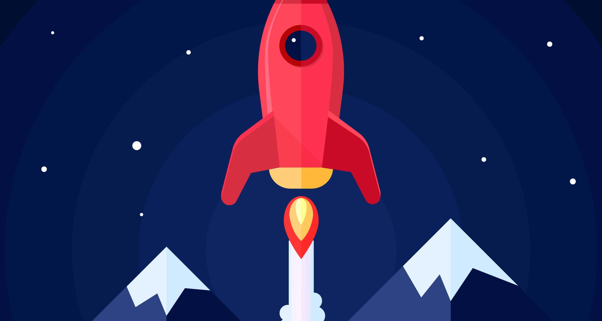 Illustration of a rocket taking off, set against a mountainous terrain with a starry sky