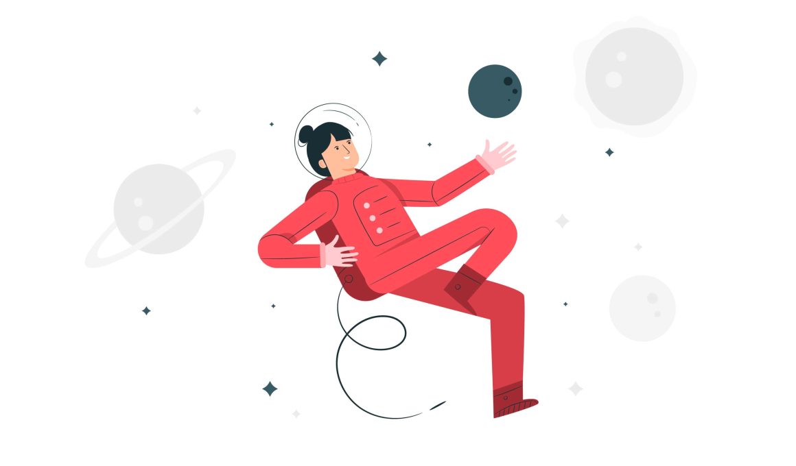 Illustration of an astronaut in space, featuring a detailed space suit and helmet depicting the effect of gravity