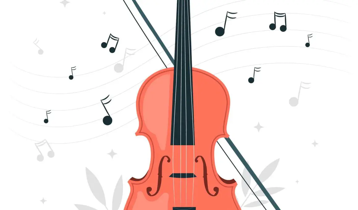 A violin rests on a white background, accompanied by scattered music notes, symbolizing the beauty of music.