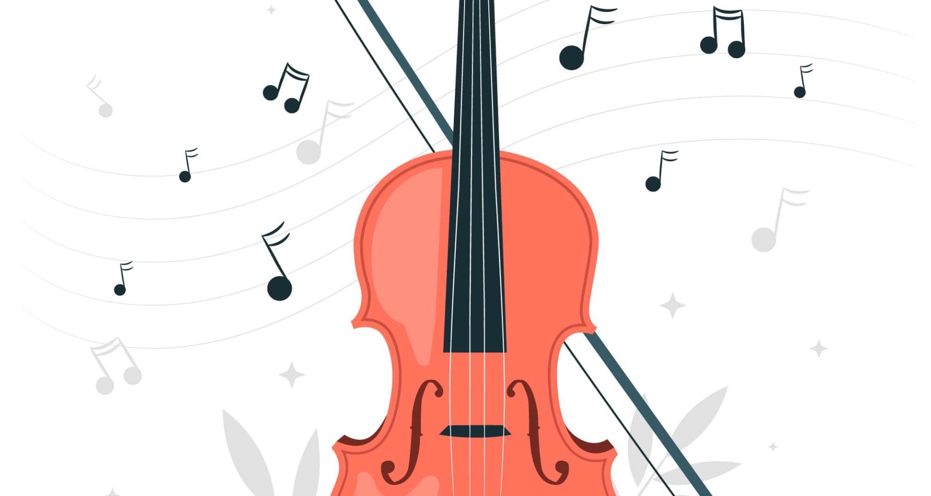 A violin rests on a white background, accompanied by scattered music notes, symbolizing the beauty of music.