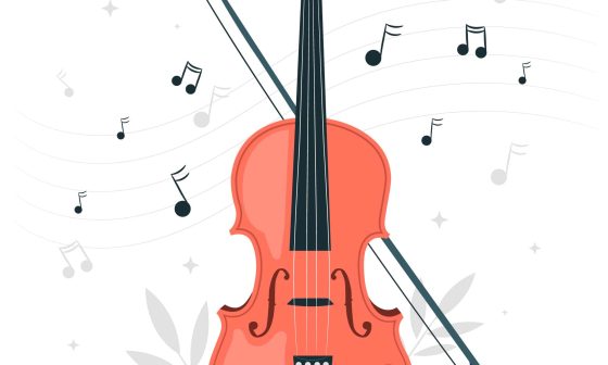 A violin rests on a white background, accompanied by scattered music notes, symbolizing the beauty of music.