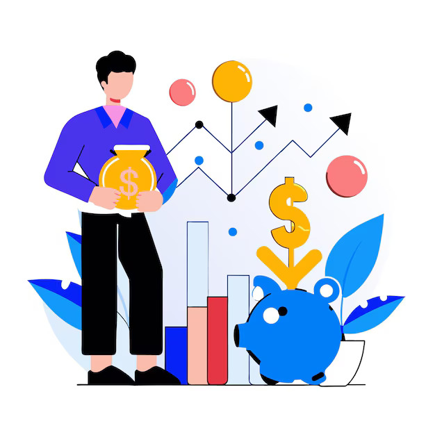 Vector illustration of a man about to invest, holding a plate of money and a dollar symbol