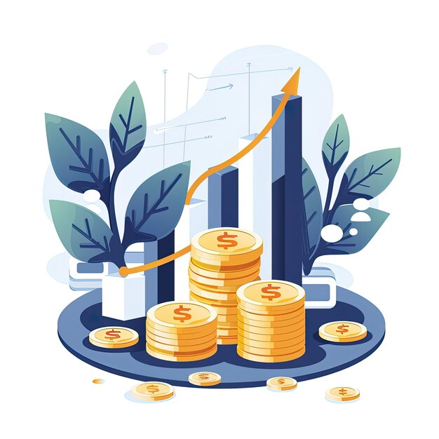 Illustration of economic growth with an upward arrow and stacked coin