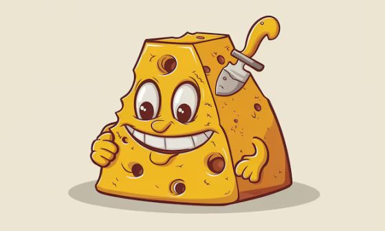 Playful cartoon of a cheese pizza with a knife placed on top