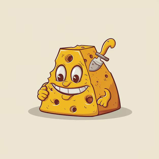 Playful cartoon of a cheese pizza with a knife placed on top