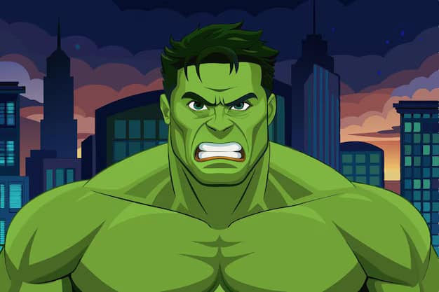 Dynamic comic illustration of the Hulk, with a focus on his hulking figure and dramatic pose