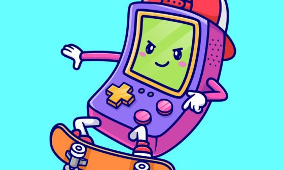 Cartoon vector icon of a cute Nintendo game controller riding a skateboard