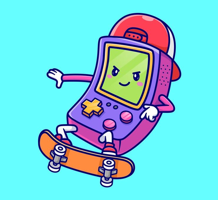 Cartoon vector icon of a cute Nintendo game controller riding a skateboard