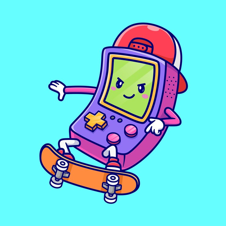 Cartoon vector icon of a cute Nintendo game controller riding a skateboard