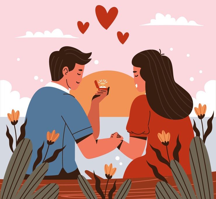 Illustration of a romantic moment between a couple, featuring a cozy setting and affectionate gestures