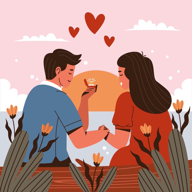 Illustration of a romantic moment between a couple, featuring a cozy setting and affectionate gestures