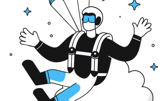 Illustration of a man skydiving, used for a skydiving business, featuring a dynamic freefall pose