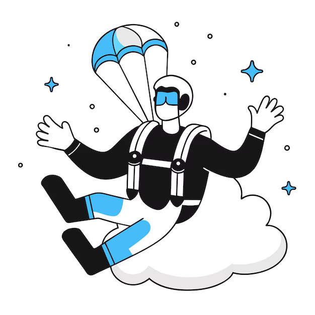 Illustration of a man skydiving, used for a skydiving business, featuring a dynamic freefall pose