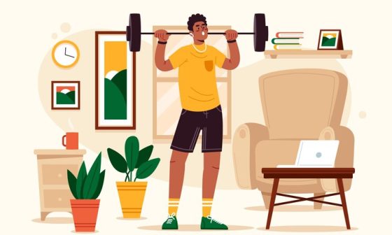 Concept art of home training with a focus on exercises being done in a living room setting