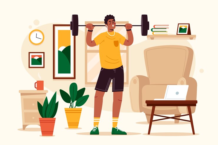 Concept art of home training with a focus on exercises being done in a living room setting