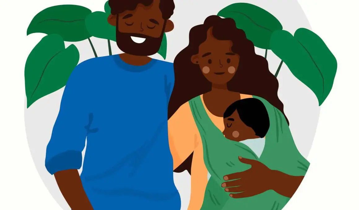 An illustration depicting a family joyfully gathered around their baby, after properly answering the "I want someone who" Hinge prompt