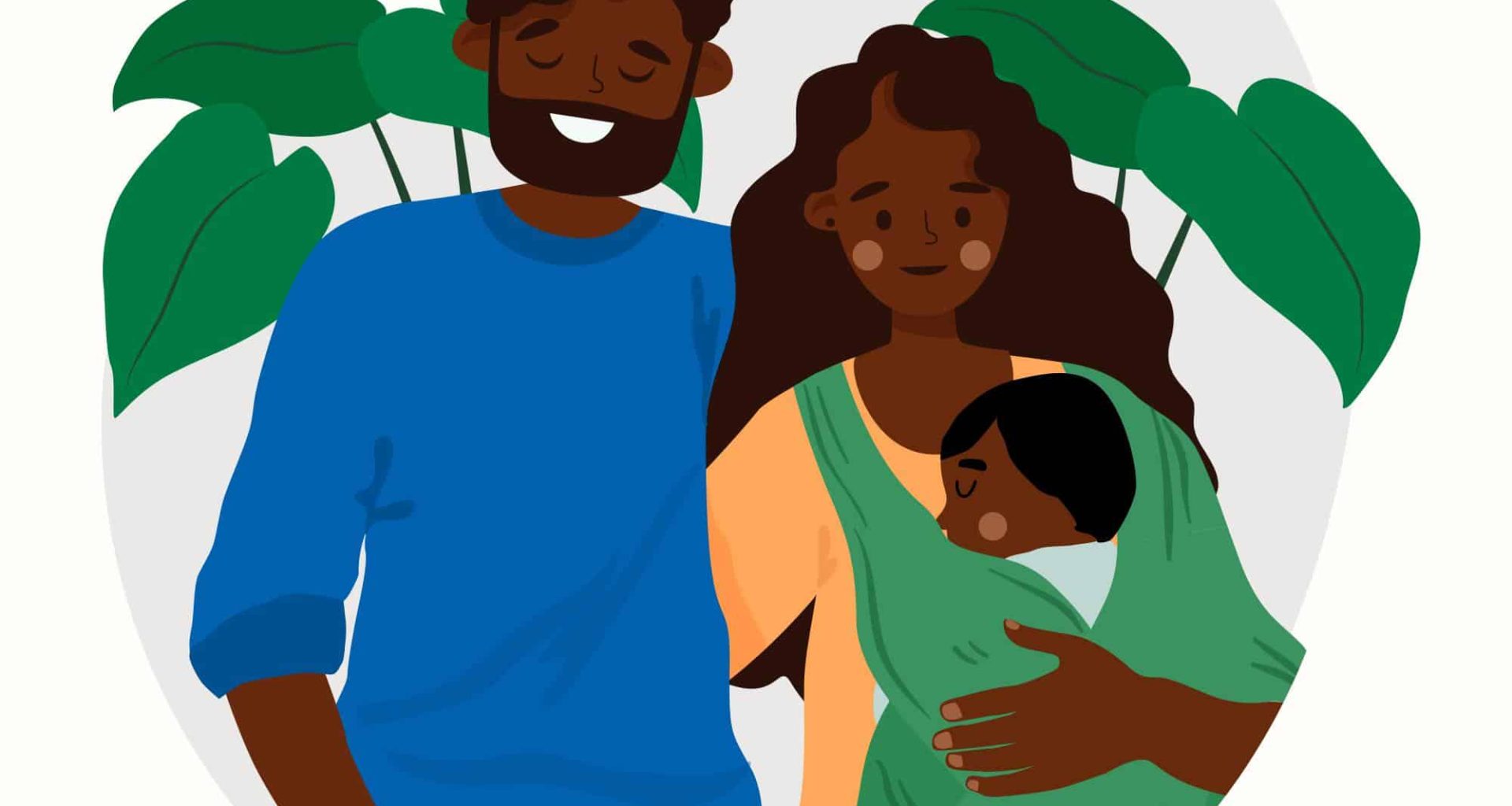 An illustration depicting a family joyfully gathered around their baby, after properly answering the "I want someone who" Hinge prompt